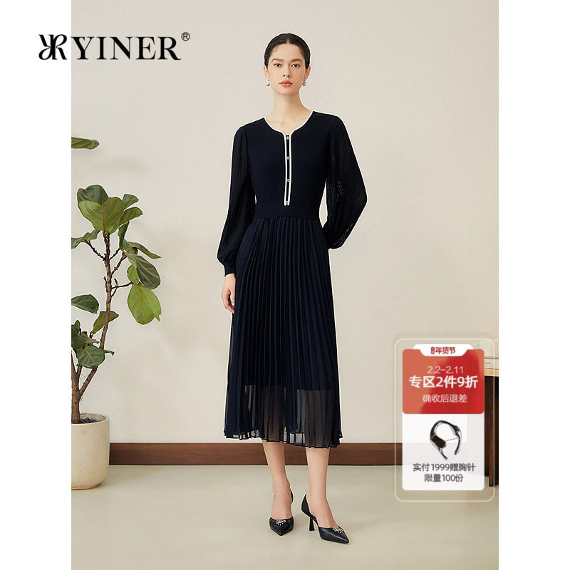 YINER音儿2025秋季新款法式优雅针织拼接雪纺百褶假两件连衣