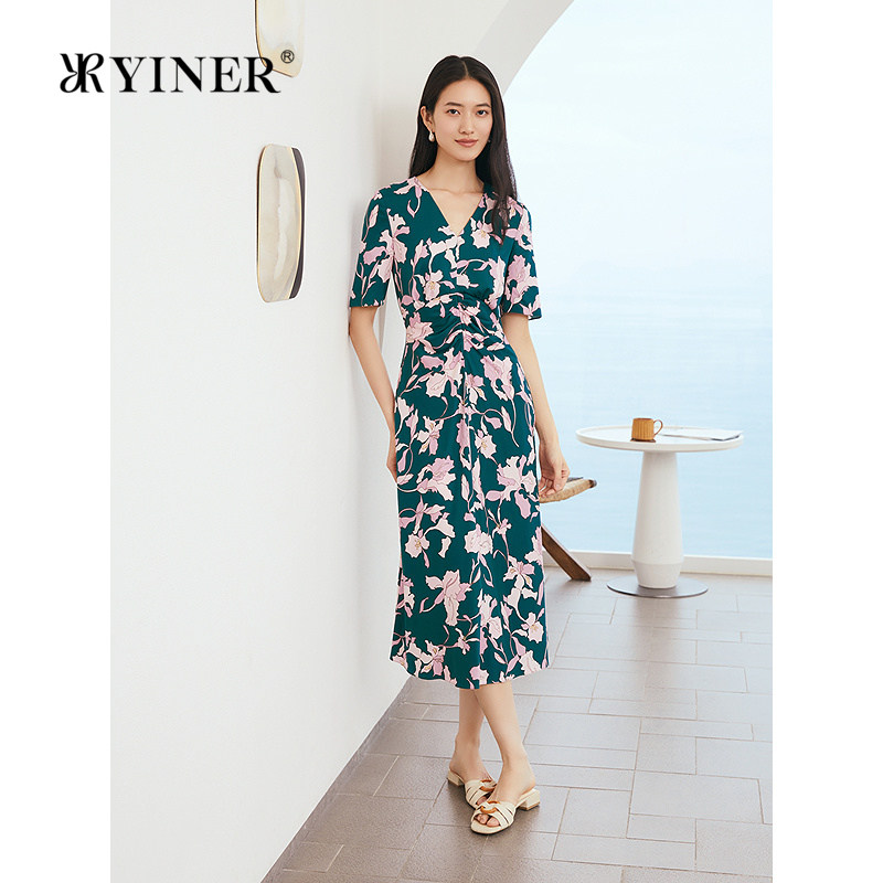 YINER音儿女装通勤时尚显瘦法式艺术印花V领收腰桑蚕丝连衣裙女
