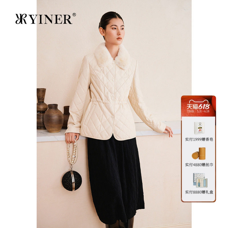 YINER音儿专选女装春短款獭兔毛领骆驼绒毛内胆羊皮真皮棉服