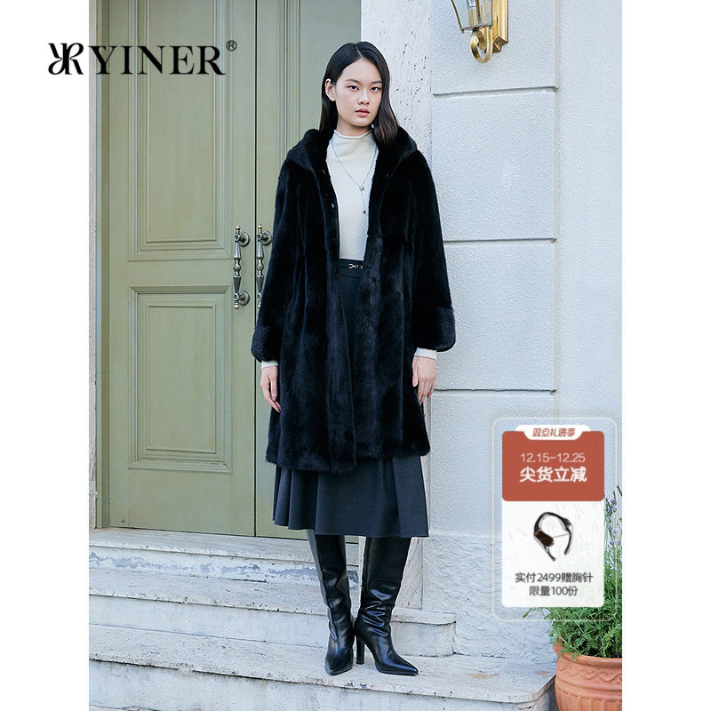 YINER音儿专选2025冬季新款奢感长款连帽整貂母貂水貂毛皮草