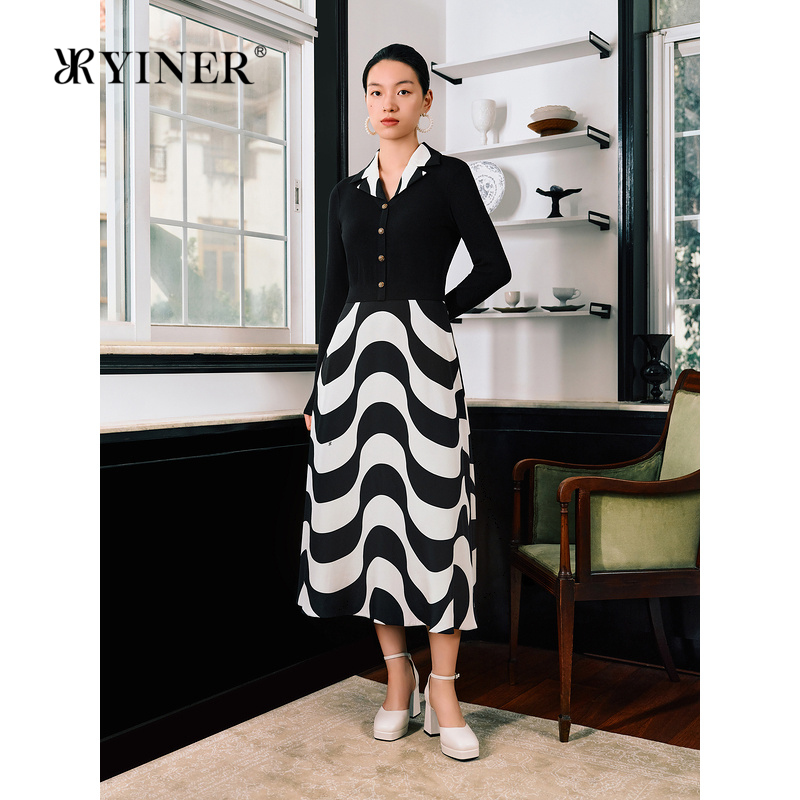 YINER音儿秋季桑蚕丝法式优雅撞色黑白波浪小A字气质连衣裙