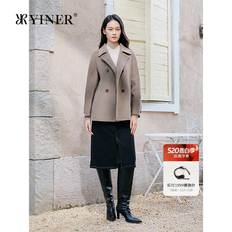YINER音儿专选女装冬季法式翻领阿拉善山羊绒双面呢大衣外套