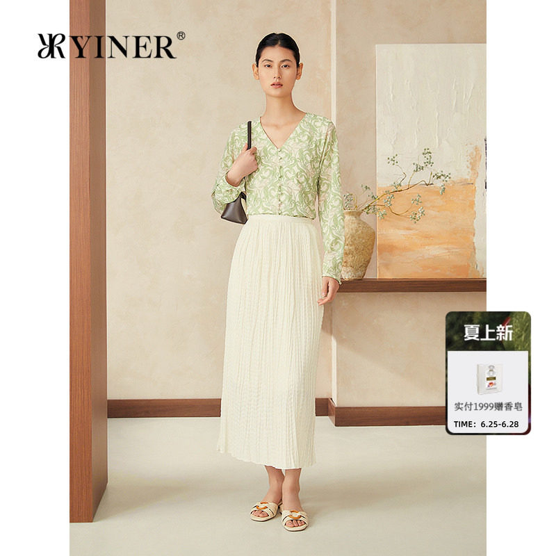YINER音儿女装夏季优雅时尚艺术印花V领弹力桑蚕丝衬衫上衣