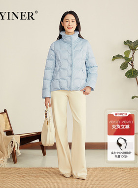 YINER音儿专选2025秋季新款法式柔光缎面水貂毛边立领H型羽绒服
