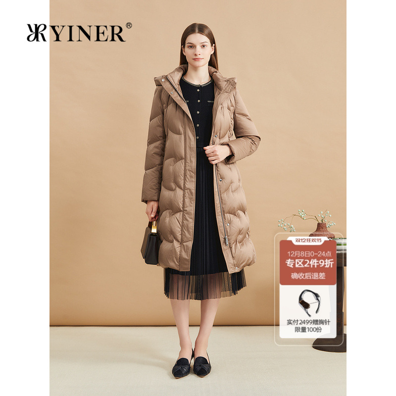 YINER音儿专选女装冬季法式长款高克重0压感蓬松保暖连帽羽绒服