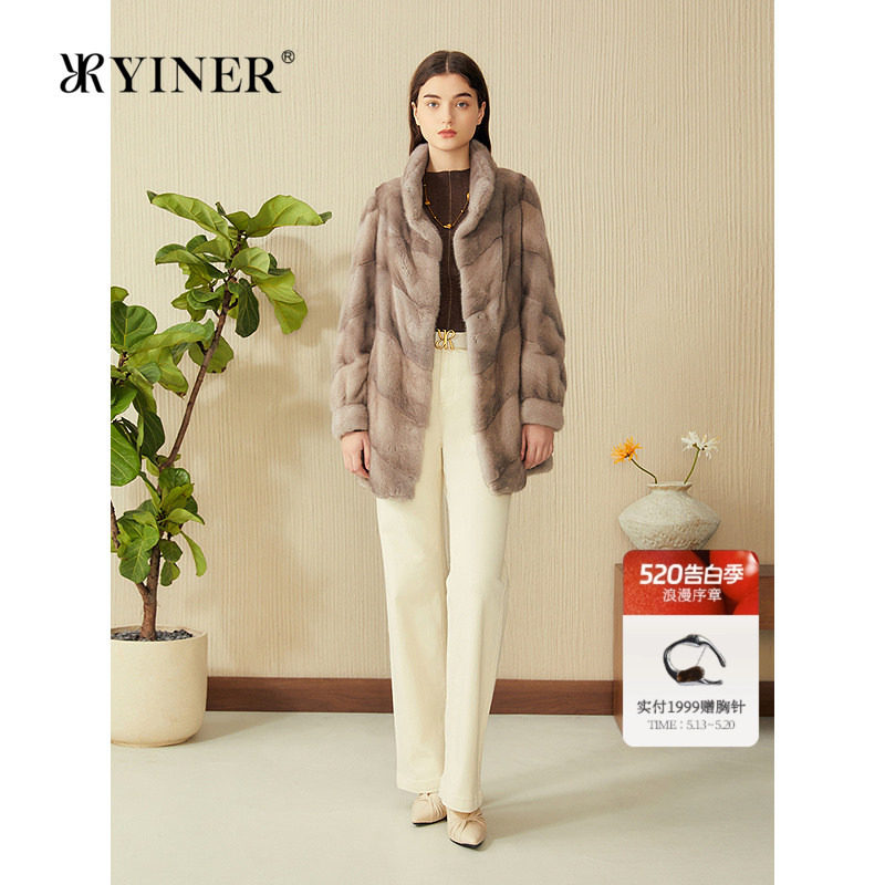 YINER音儿专选女装春季中长款水貂毛皮母貂立领真皮皮草