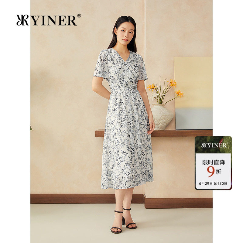 YINER音儿专选女装夏季新中式诗意海棠印花V领高腰连衣裙