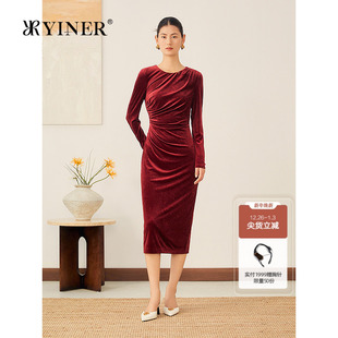 三醋酸混纺冰花褶艺收腰丝绒连衣裙 法式 YINER音儿2025秋季 新款