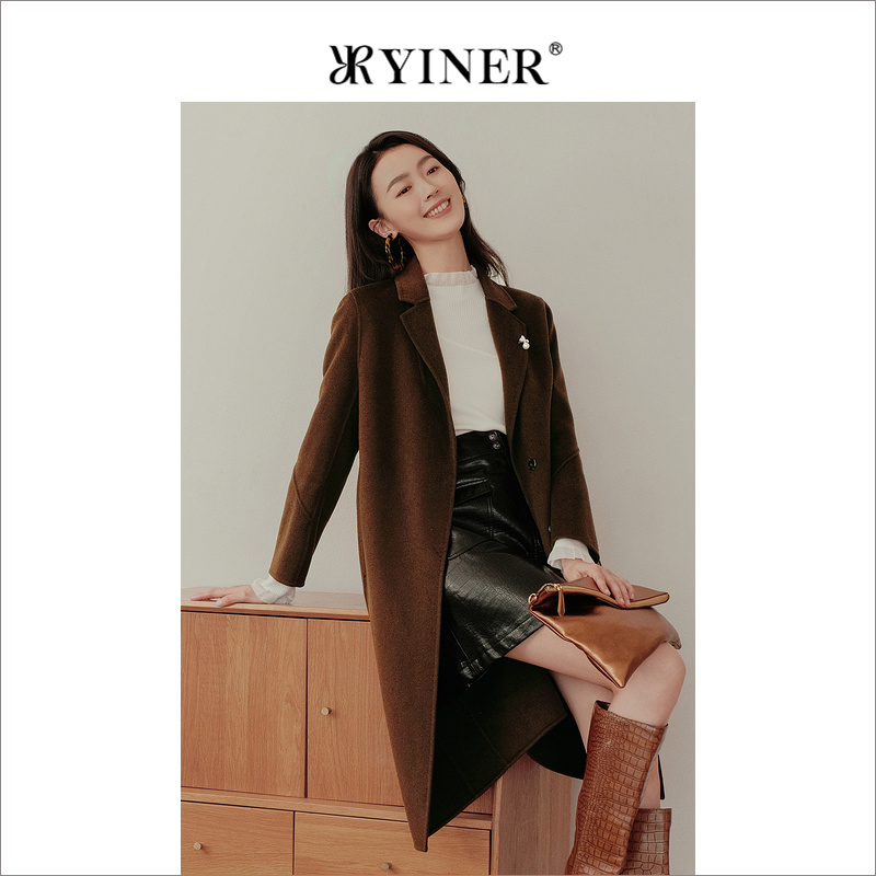【绵羊毛+蚕丝】YINER音儿专选女装冬季纯色西装领双面呢大衣