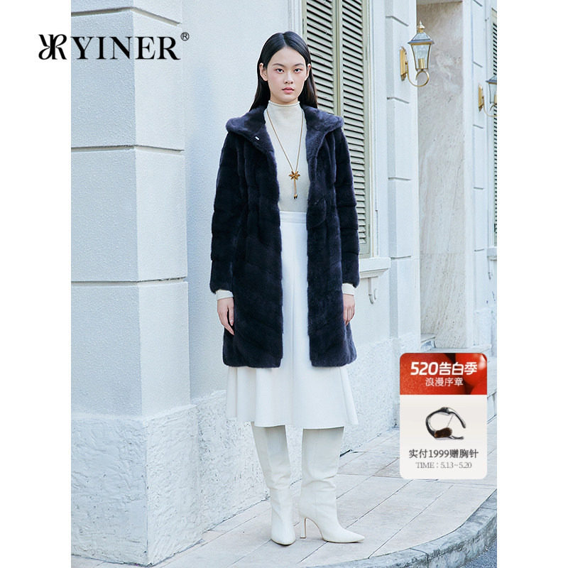 YINER音儿专选女装冬季进口优雅长款连帽整貂母貂水貂毛皮草