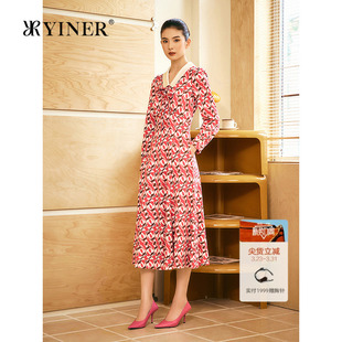 复古印花V型衬衫 新款 YINER音儿2025冬季 领收腰连衣裙 1996系列