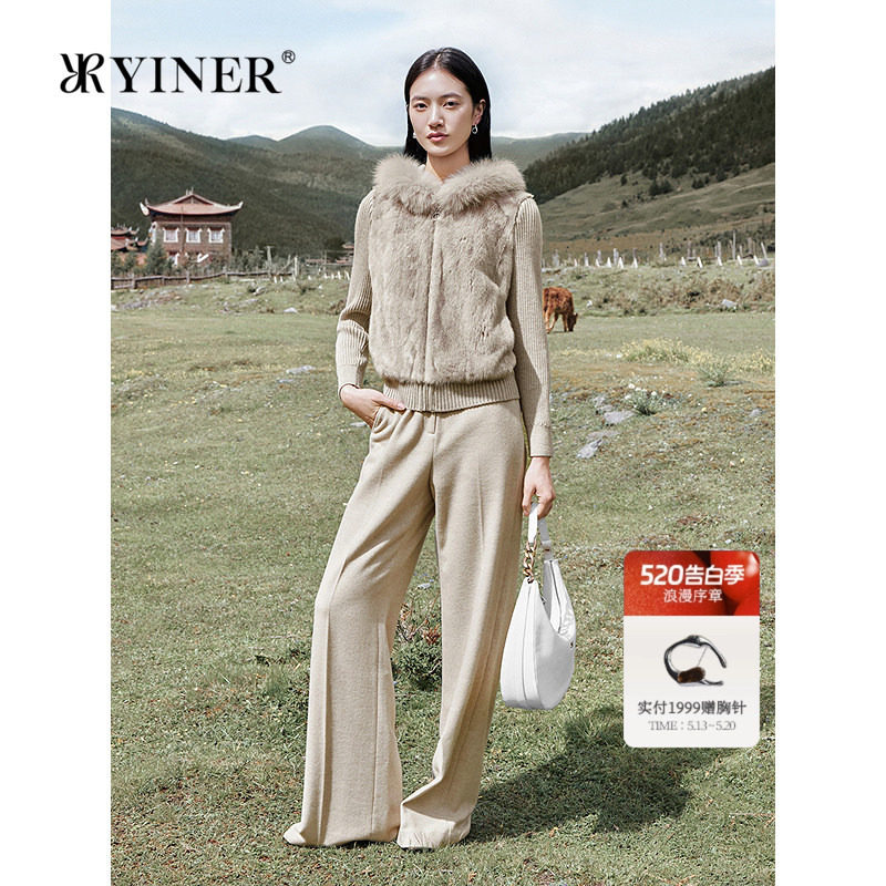 YINER音儿女装冬季水貂拼接羊毛混纺针织狐狸毛领皮草外套