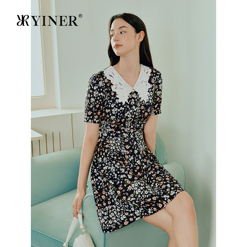 YINER音儿专选2026夏季新款蕾丝翻领桑蚕丝混纺收腰碎花连衣裙
