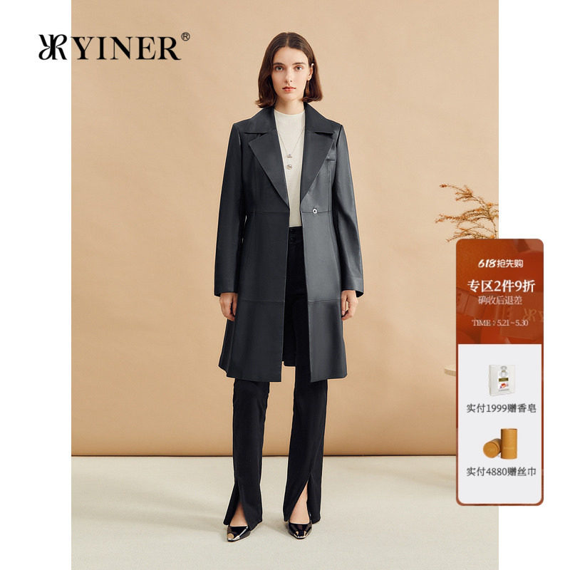 YINER音儿专选冬季长款系带收腰西装领绵羊真皮皮衣外套