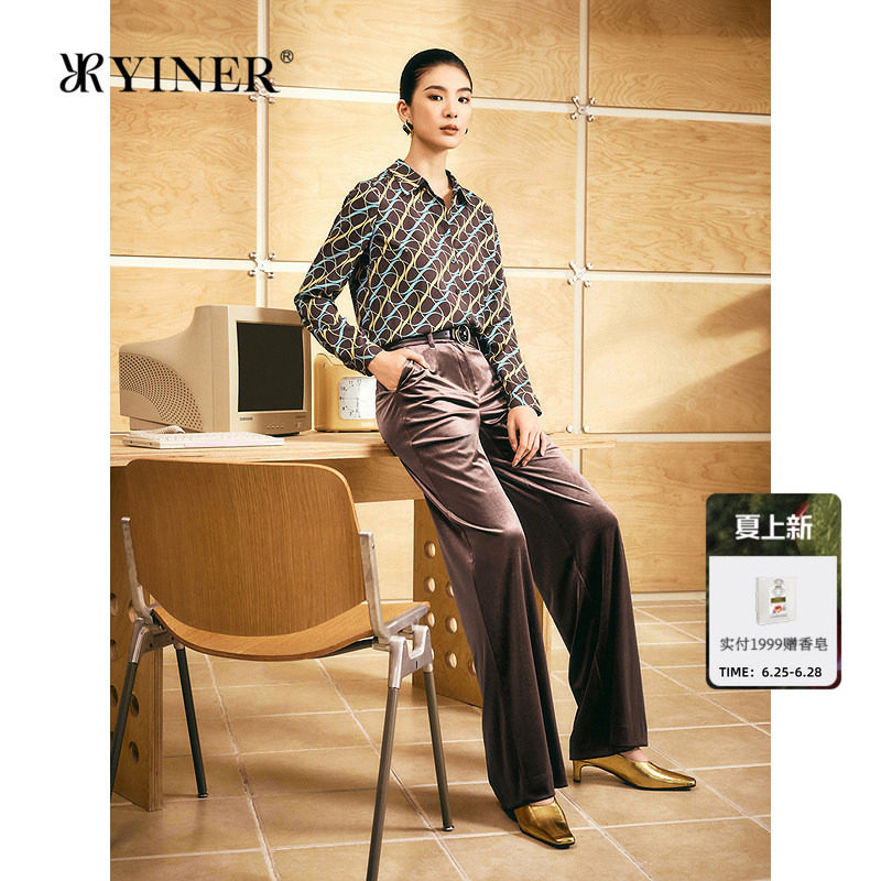 YINER音儿女装秋季1996系列艺术印花斜纹绉蚕丝衬衫