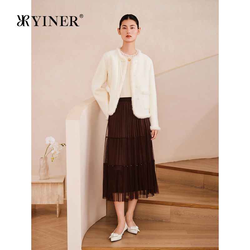 YINER音儿专选女装春季新中式短款水貂毛边纯羊毛双面呢外套