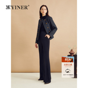 短款 YINER音儿女装 时尚 法式 菱格纹圆领双排扣蚕丝棉服外套 秋季