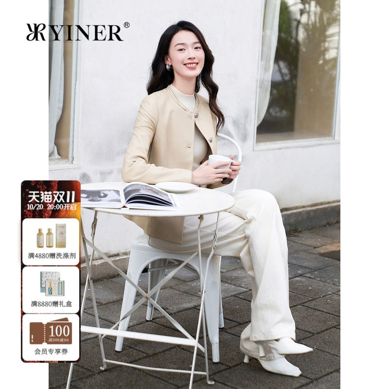 YINER音儿专选女装时尚镂空圆领收腰显瘦绵羊真皮皮衣夹克外套