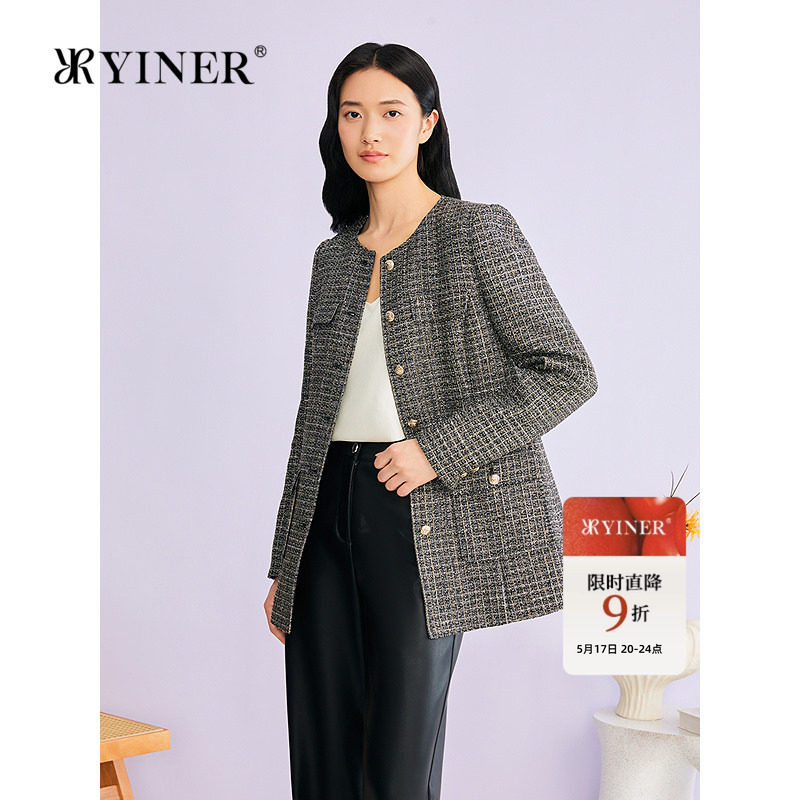 YINER音儿专选2026春季新款小香风亮丝粗花呢一手长圆领外套