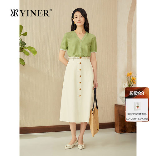 YINER音儿女装夏季优雅时尚V领单排扣肌理感桑蚕丝针织衫