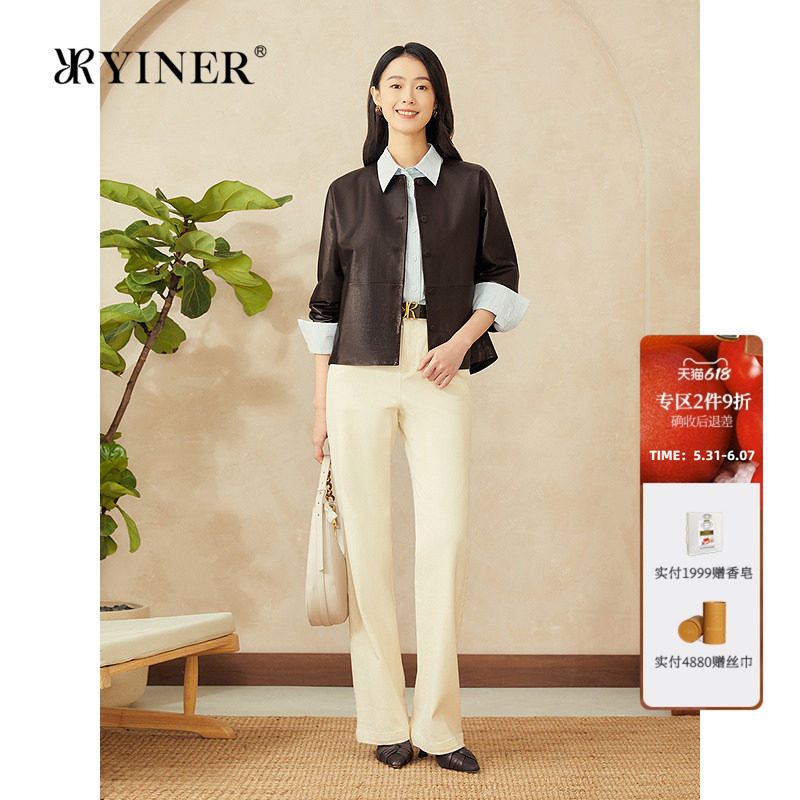 YINER音儿专选女装春季美拉德微茧型小羊皮真皮皮衣夹克外套