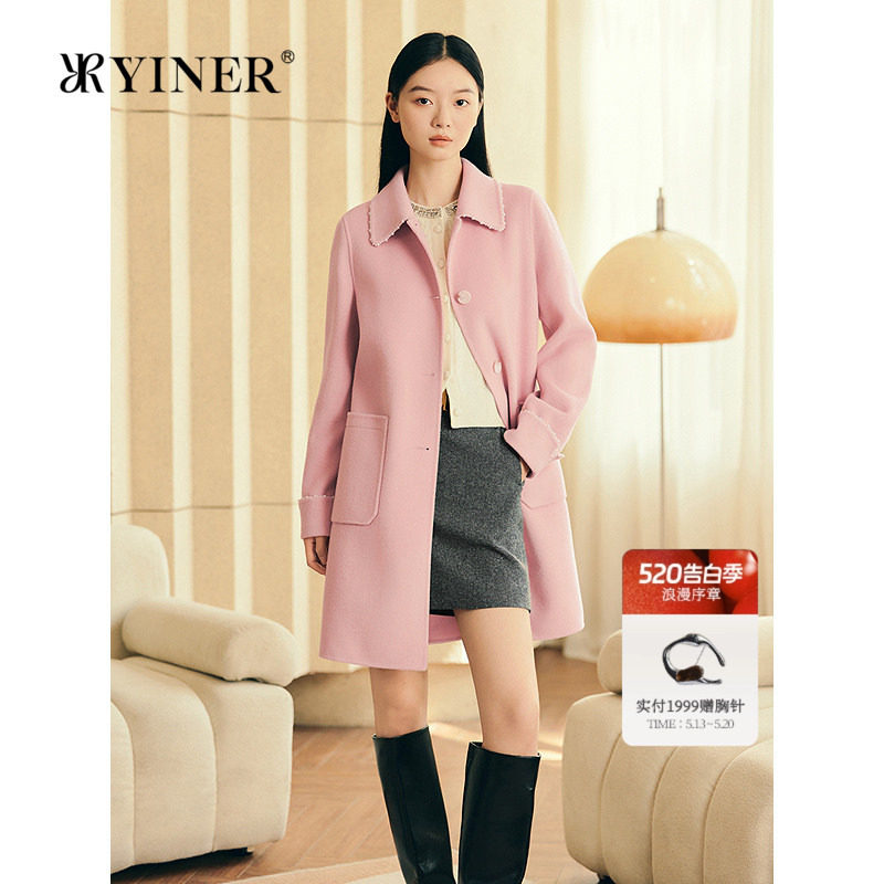 YINER音儿专选女装冬季法式钉珠装饰羊毛羊绒混纺双面呢大衣