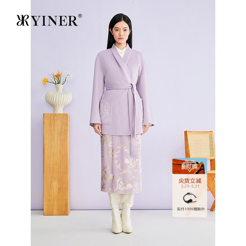 YINER音儿2026春季新款新中式刺绣一手长羊毛羊绒混纺双面呢