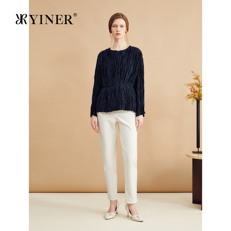 YINER音儿秋季法式不规则艺术皱褶收腰衬衫圆领女轻上衣