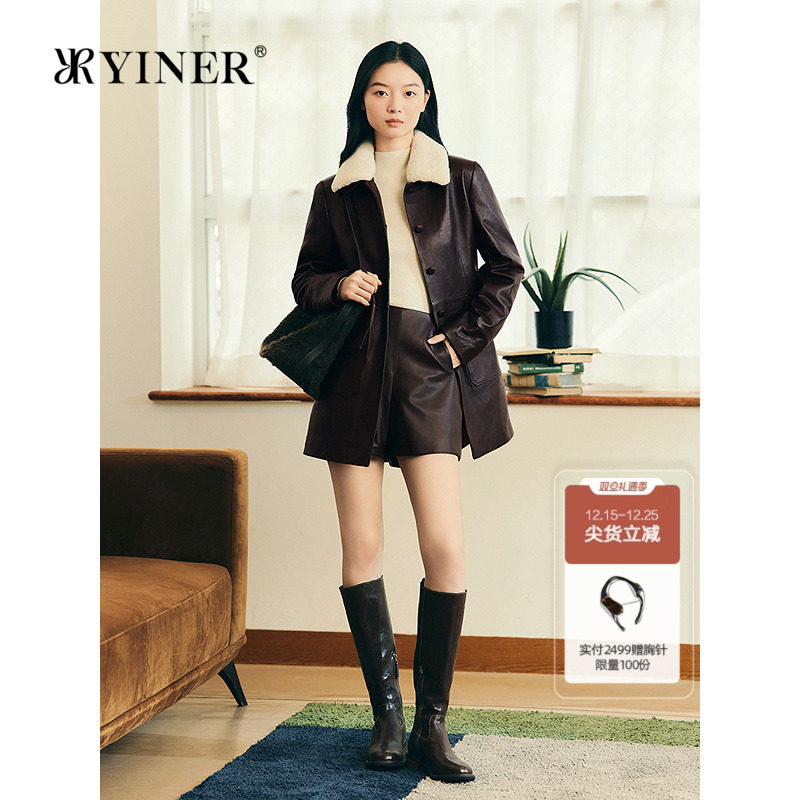 YINER音儿专选2025冬季新款巴恩风可脱卸羽绒内胆油蜡绵羊皮外套