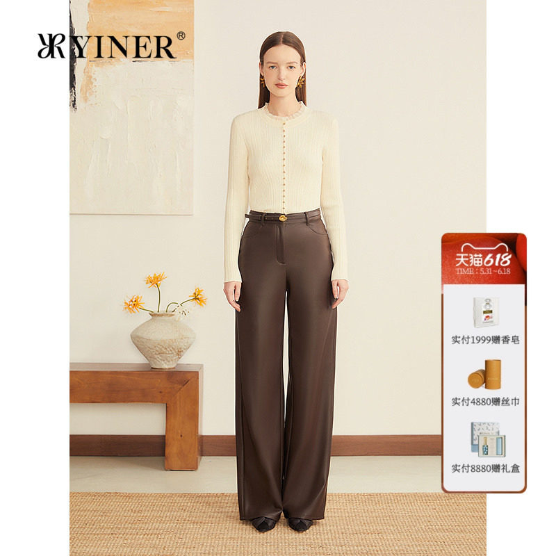 YINER音儿专选女装冬季法式摩登柔软皮革哑光质感直筒皮裤