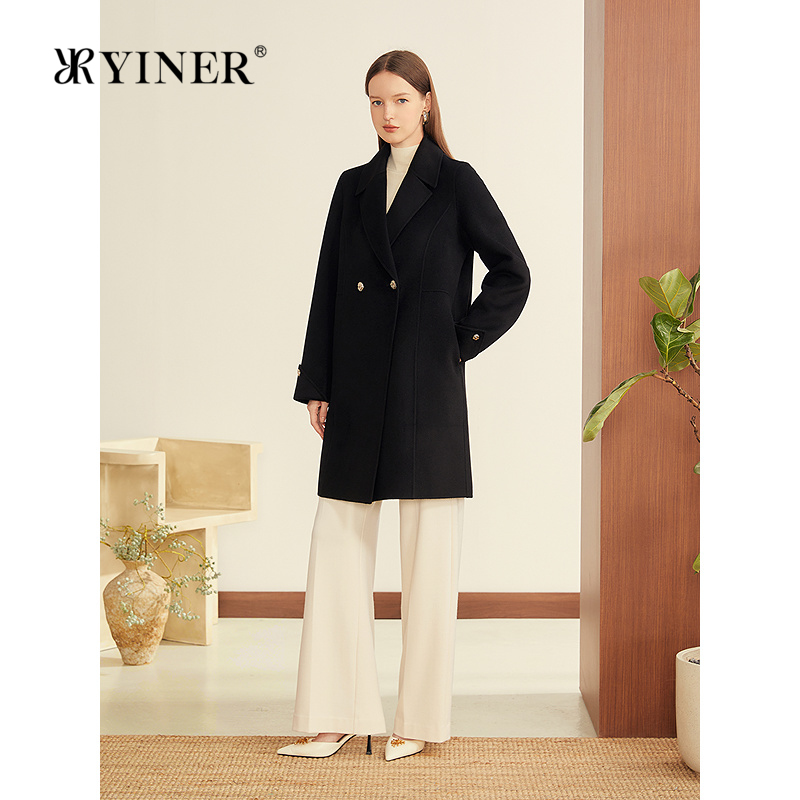 YINER音儿2025冬季新款法式一手长羊毛羊绒混纺H型翻领双面呢大衣