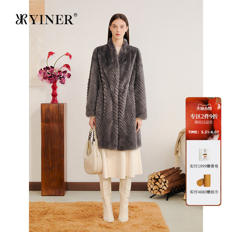 YINER音儿专选女装冬季进口水貂割条拼接贴脖领长款皮草