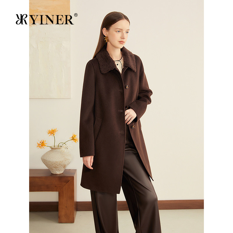 YINER音儿专选2025秋季新款可拆卸毛领美丽诺羊毛双面呢大衣