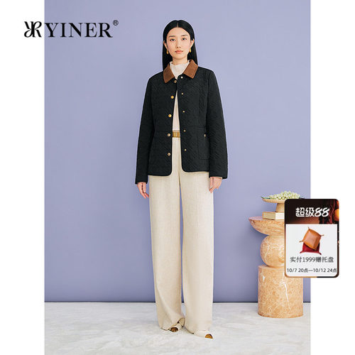 音儿专选翻领飞鸟格纹棉服外套