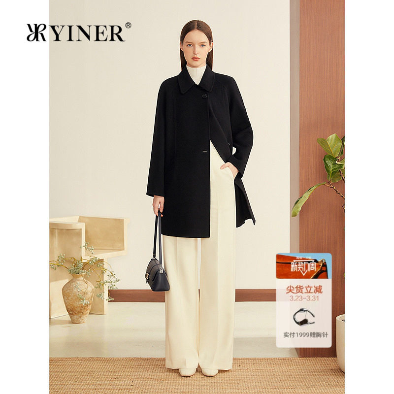 YINER音儿2025冬季新款法式智感羊毛混纺A型翻领中长款双面