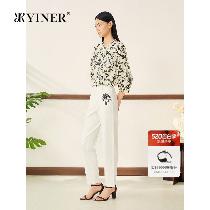 YINER音儿女装秋季米韵棉醋弹力竹节刺绣经典小脚垂顺牛仔裤