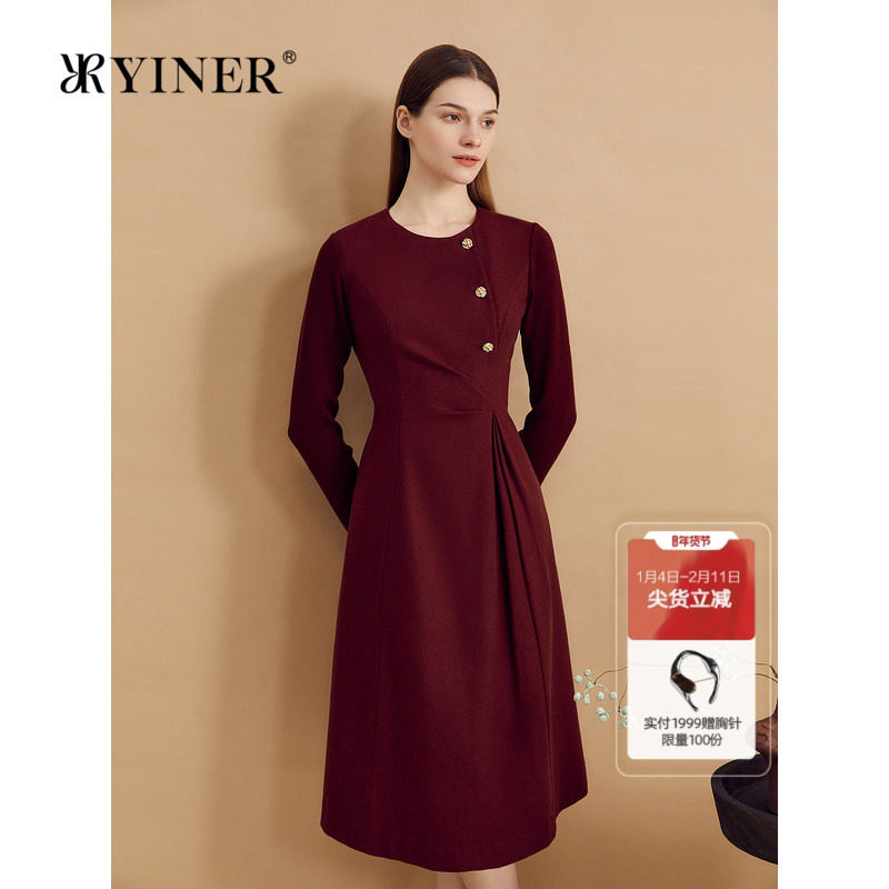 【中国红】YINER音儿专选冬季羊毛侧门襟捏褶收腰连衣裙