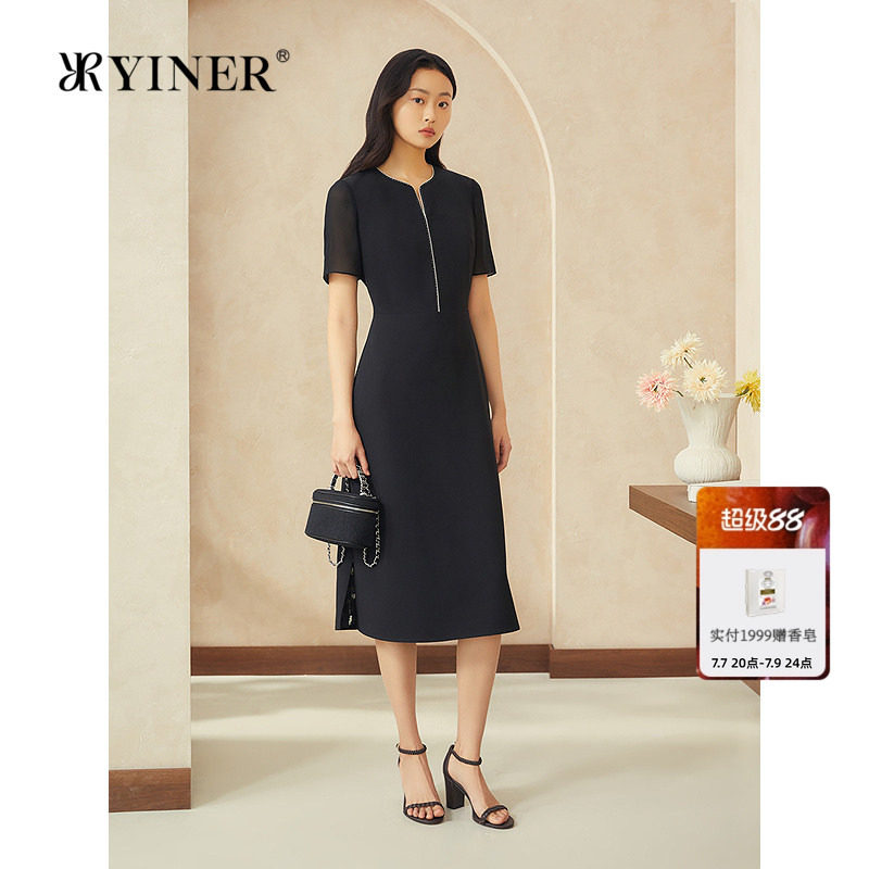 YINER音儿专选女装夏季优雅时尚显瘦小V领拼接印花褶艺连衣裙