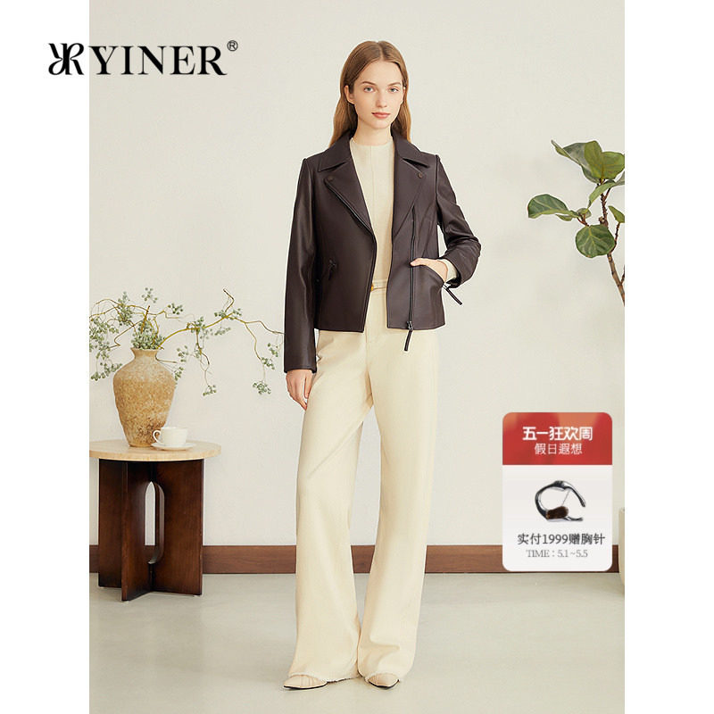 YINER音儿专选女装通勤时尚法式利落短款绵羊真皮皮衣夹克外套女