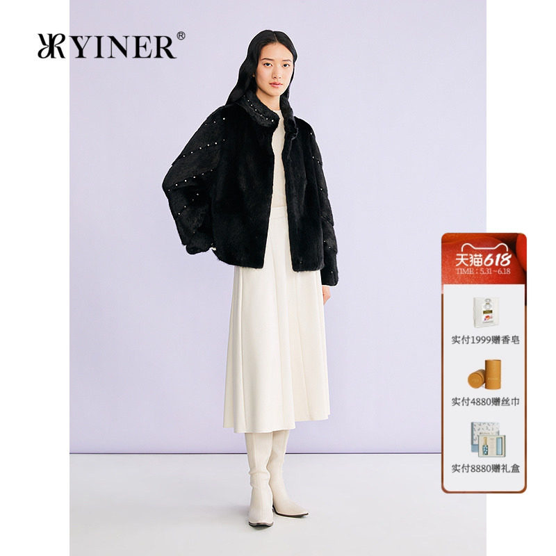 YINER音儿专选2026春季新款法式短款立领整貂母貂水貂毛皮草外套