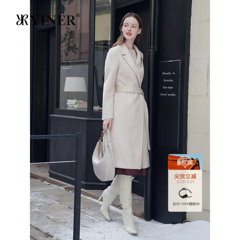 YINER音儿专选女装秋季气质中长款骆驼绒羊毛羊绒混纺双面呢大衣