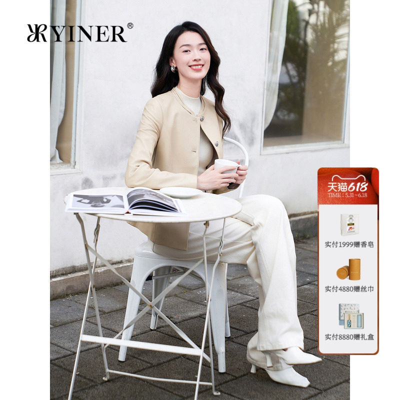 YINER音儿专选女装新中式镂空圆领收腰显瘦绵羊真皮皮衣夹克外套
