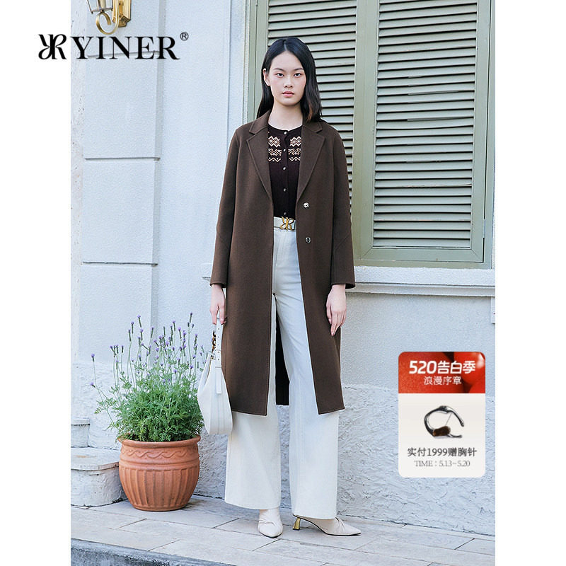 YINER音儿专选女装冬季气质中长款西装领蚕丝羊毛混纺双面呢大衣