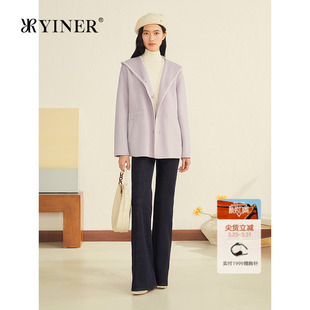 YINER音儿2025冬季 一手长连帽羊毛羊绒混纺双面呢大衣外套 新款