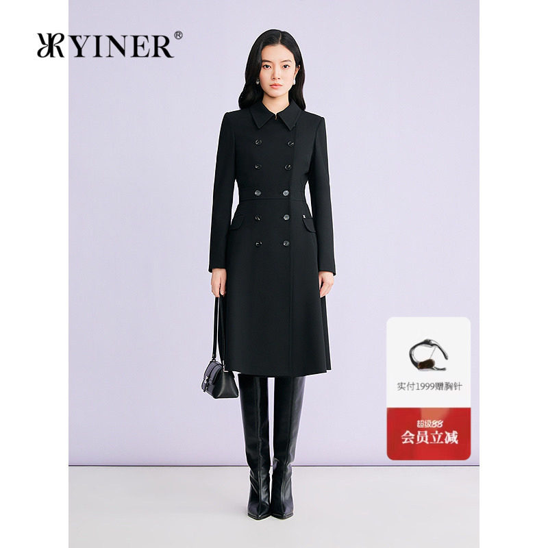 YINER音儿专选2026春季新款时尚赫本风廓形翻领双排扣收腰连