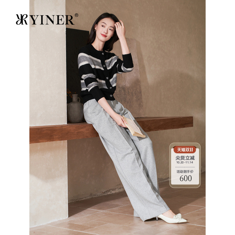 YINER音儿专选女装冬季法式间色条纹长袖马海毛羊毛混纺针织衫