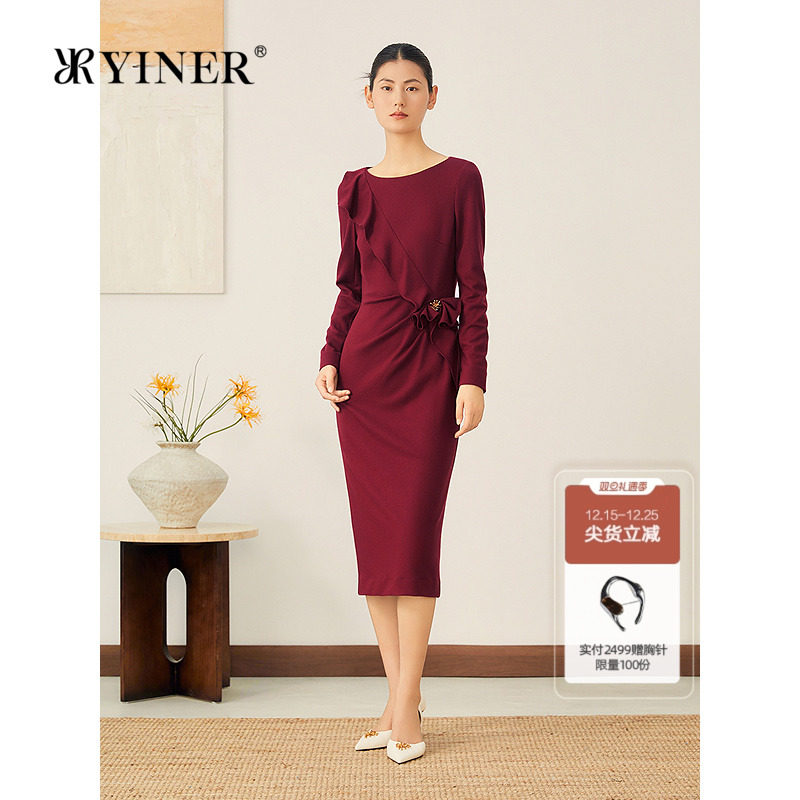 YINER音儿2025秋季新款法式澳洲美丽诺羊毛郁金香花边连衣裙