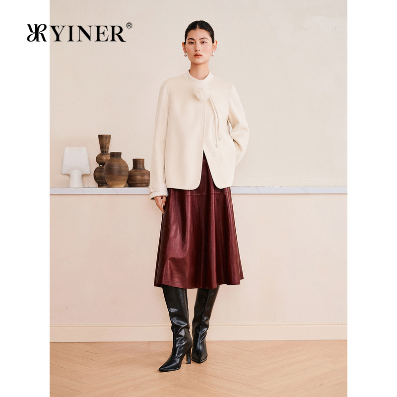 YINER音儿专选女装春季新中式立领羊毛羊绒混纺短款毛呢外套