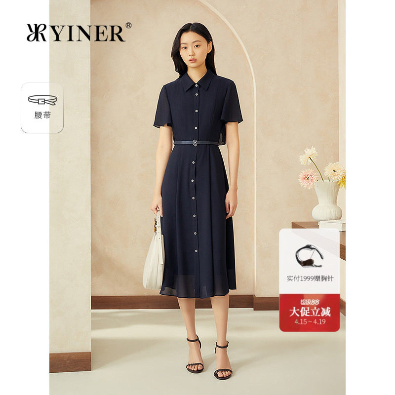 YINER音儿专选女装夏季复古翻领透气雪纺衬衫领收腰连衣裙