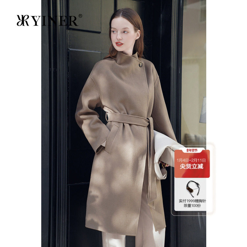 YINER音儿专选女装冬季法式可翻可立领羊毛羊绒混纺双面呢大衣